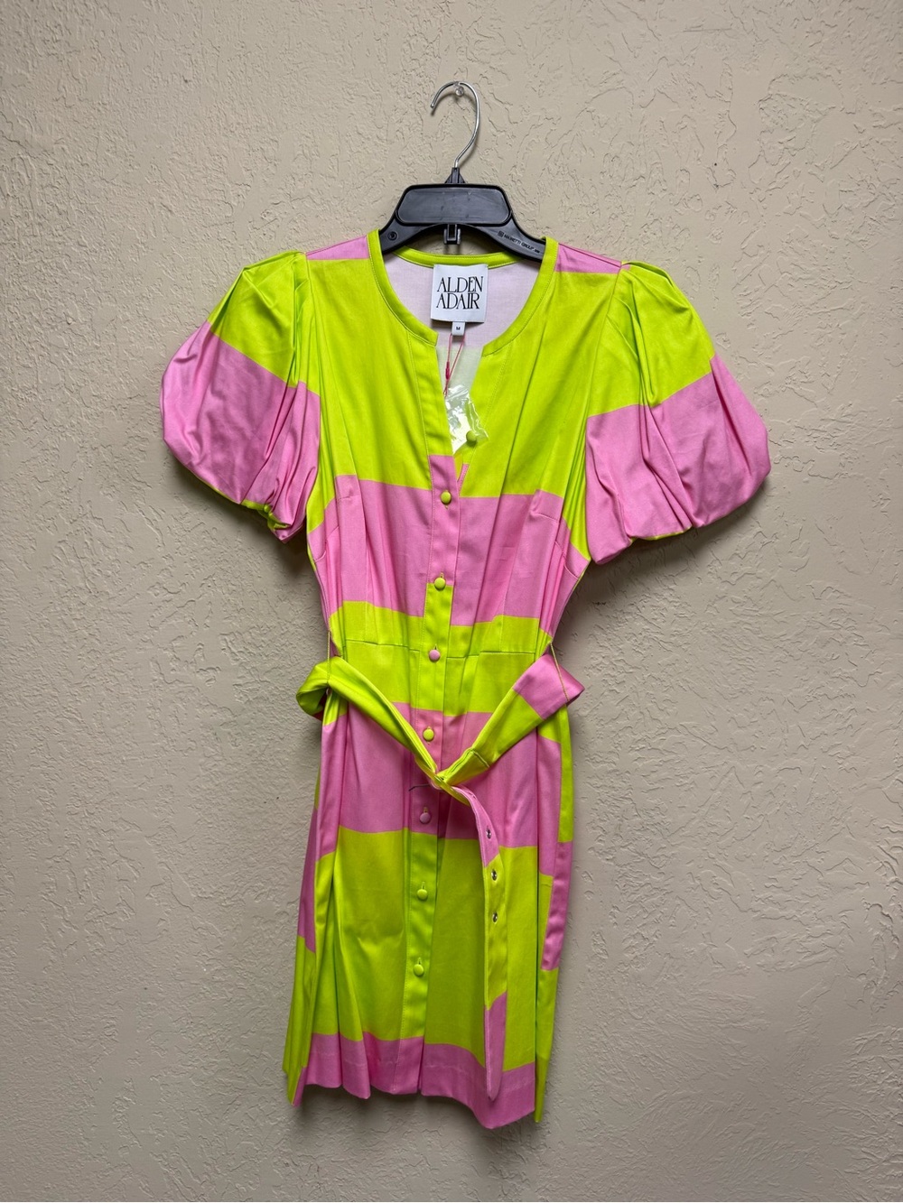 Alden Adair Neon Lime and Pink Striped Puff-Sleeve Mini Dress
